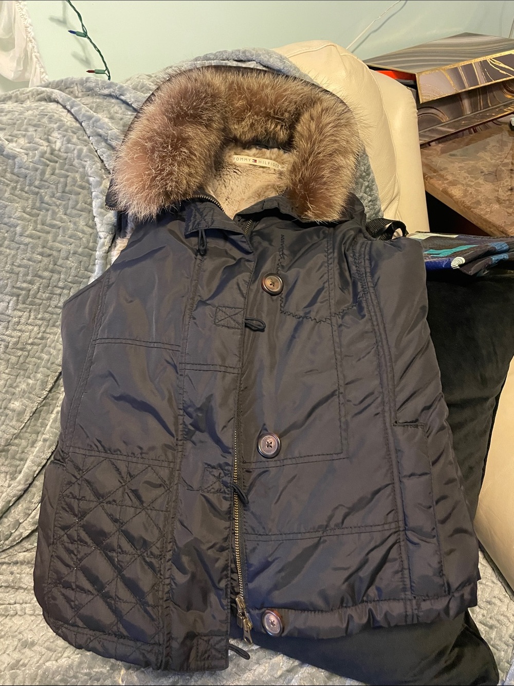 Tommy Hilfiger Navy womens ' Puffer Vest with Faux Fur Trim